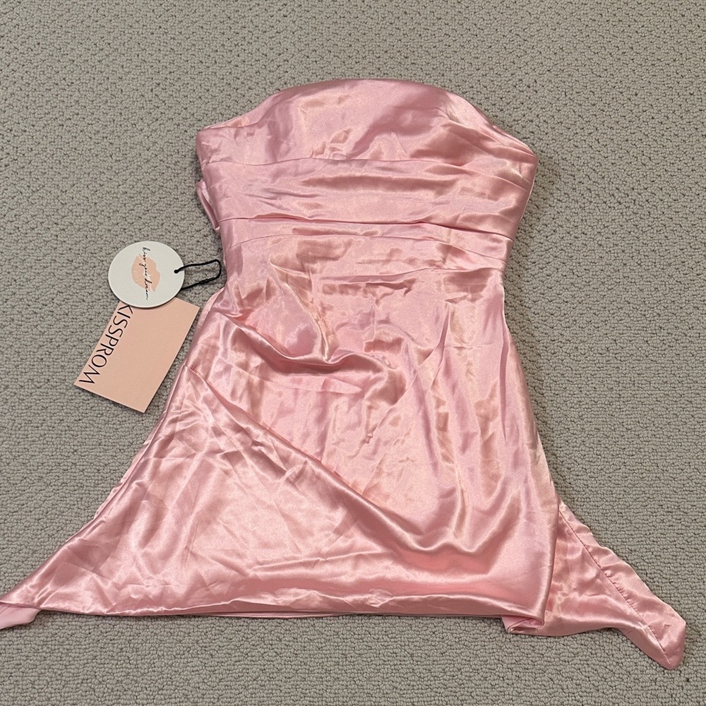 Kissprom Pink - Strapless Sheath Irregular Hem Satin Short Homecoming Dress